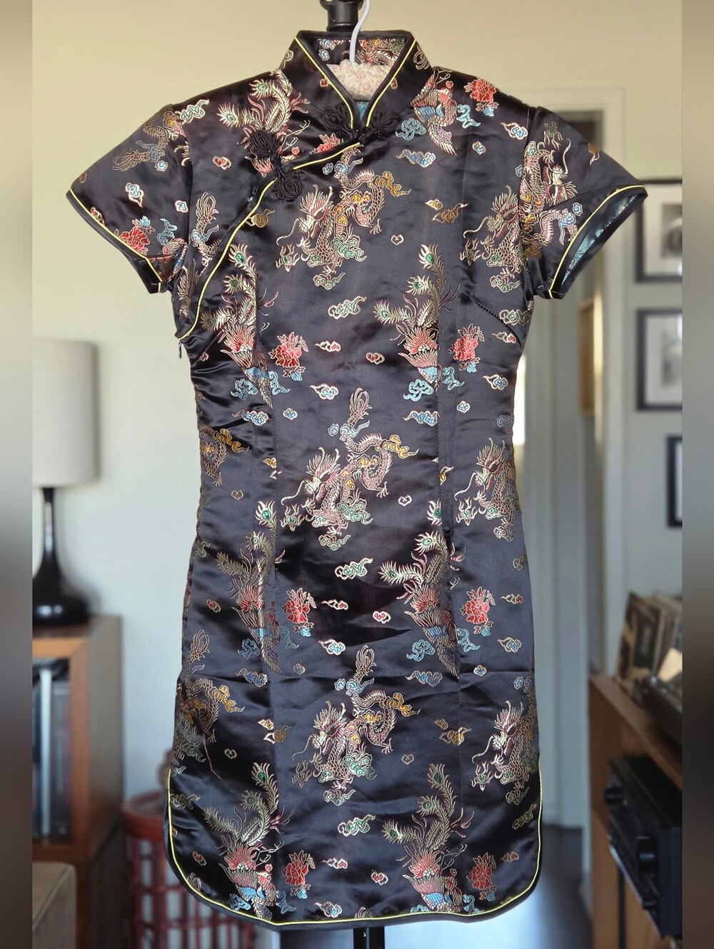 Black Satin Embroidered Dragon Cheongsam Dress
